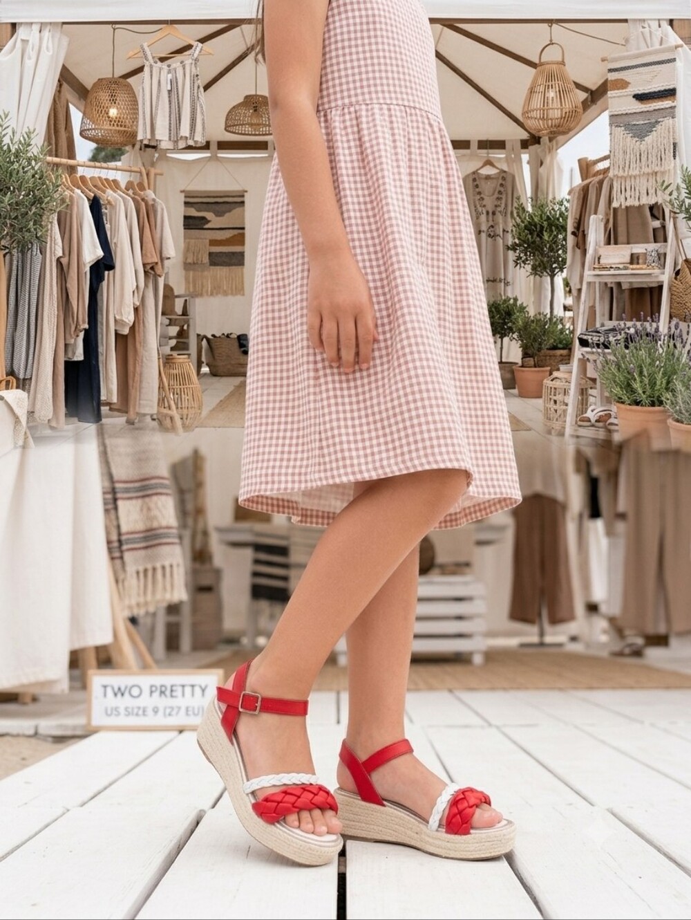 Red & White Braided Espadrille Wedge Sandal